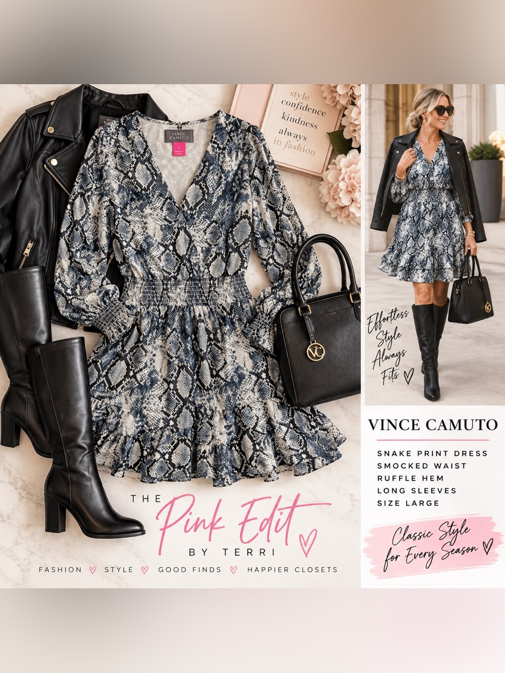 Vince Camuto Snake Print Smocked Waist Ruffle Dress | Size Large